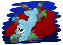 Size: 1280x923 | Tagged: safe, artist:cadetredshirt, oc, oc only, oc:aspen, earth pony, pony, beanbag chair, clothes, digital art, lying on bed, male, missing accessory, nintendo switch, simple background, smiling, socks, solo, stallion, striped socks, transparent background, two toned mane, two toned tail, upside down, video game