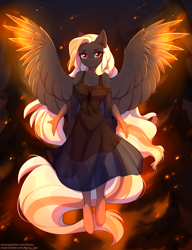 Size: 2177x2837 | Tagged: safe, artist:fensu-san, oc, oc only, oc:tori, pegasus, anthro, unguligrade anthro, anthro oc, clothes, dress, explicit source, female, fire, high res, looking at you, mare, solo, wings