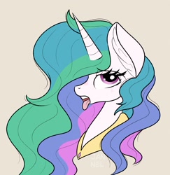 Size: 1715x1766 | Tagged: safe, artist:janelearts, princess celestia, alicorn, pony, g4, blushing, bust, female, mare, open mouth, portrait, simple background, solo, tongue out