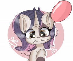Size: 2560x2143 | Tagged: safe, artist:janelearts, oc, oc only, pony, balloon, cute, high res, looking at you, mouth hold, simple background, solo
