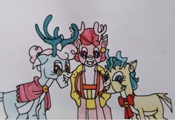 Size: 543x374 | Tagged: safe, artist:agirlwholovesmlp, alice the reindeer, aurora the reindeer, bori the reindeer, deer, reindeer, g4, female, grin, looking at you, simple background, smiling, smiling at you, traditional art, trio, trio female, white background