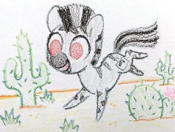 Size: 1200x900 | Tagged: safe, artist:dawnfire, oc, oc only, oc:mcmiag, pony, zebra, cactus, colt, crayon, crayon drawing, desert, happy, male, red eyes, solo, sticky note, traditional art