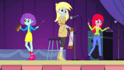 Size: 800x450 | Tagged: safe, screencap, blueberry pie, derpy hooves, raspberry fluff, equestria girls, g4, rainbow rocks, animated, bell, cowbell, female, microphone, musical instrument, musical saw, speaker, the muffins, triangle, trio, trio female