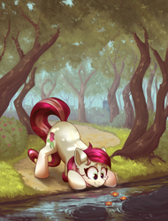 Size: 3000x3943 | Tagged: safe, artist:amishy, artist:shadowreindeer, roseluck, earth pony, pony, g4, cheek fluff, collaboration, cute, dappled sunlight, detailed background, doctor who, female, flower, forest, high res, mare, path, river, rosabetes, scenery, scenery porn, smiling, solo, tardis