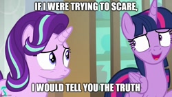 Size: 888x500 | Tagged: safe, edit, edited screencap, screencap, starlight glimmer, twilight sparkle, alicorn, pony, unicorn, g4, the beginning of the end, caption, image macro, text, twilight sparkle (alicorn)