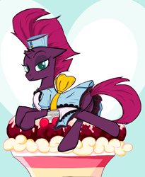 Size: 1696x2073 | Tagged: safe, artist:sallycars, fizzlepop berrytwist, tempest shadow, pony, unicorn, g4, my little pony: the movie, apron, bedroom eyes, butt, clothes, colored pupils, cute, dress, female, floppy ears, food, hat, ice cream, legitimately amazing mspaint, looking at you, mare, ms paint, plot, prone, solo, tempestbetes, waitress