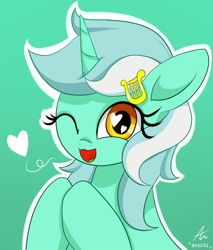 Size: 920x1080 | Tagged: safe, artist:truffle shine, lyra heartstrings, pony, unicorn, g4, bust, cute, cutie mark accessory, female, floating heart, green background, heart, heart eyes, hooves together, looking at you, lyrabetes, mare, one eye closed, open mouth, portrait, simple background, solo, wingding eyes, wink