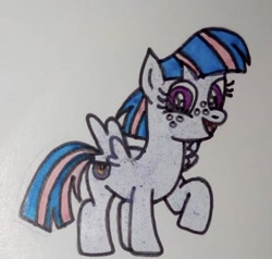 Size: 474x451 | Tagged: safe, artist:agirlwholovesmlp, wind sprint, pegasus, pony, g4, cute, female, filly, foal, looking at you, open mouth, raised hoof, simple background, smiling, smiling at you, sprintabetes, traditional art, white background