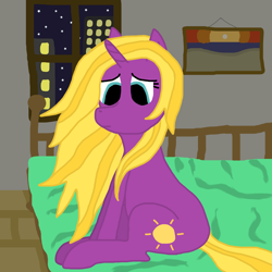 Size: 4000x4000 | Tagged: safe, artist:llcodall, oc, oc only, oc:autumn dawn, pony, unicorn, bed, city, female, mare, sitting, solo, window