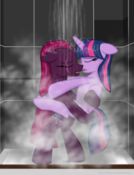 Size: 6208x8113 | Tagged: safe, artist:ejlightning007arts, fizzlepop berrytwist, tempest shadow, twilight sparkle, alicorn, pony, unicorn, g4, bipedal, broken horn, butt touch, eye scar, eyes closed, female, holding a pony, hoof on butt, horn, kissing, lesbian, making out, open mouth, scar, ship:tempestlight, shipping, shower, steam, twilight sparkle (alicorn), wet, wet mane