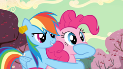 Size: 1920x1080 | Tagged: safe, screencap, pinkie pie, rainbow dash, earth pony, pegasus, pony, g4, the last roundup, cherry blossoms, cherry tree, ear plugs, flower, flower blossom, tree