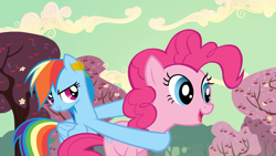 Size: 1920x1080 | Tagged: safe, screencap, pinkie pie, rainbow dash, earth pony, pegasus, pony, g4, the last roundup, cherry blossoms, cherry tree, ear plugs, flower, flower blossom, tree