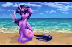 Size: 4096x2703 | Tagged: safe, artist:galinn-arts, twilight sparkle, alicorn, pony, g4, beach, female, floppy ears, high res, looking at you, mare, peace sign, scenery, sitting, solo, twilight sparkle (alicorn), water, wing hands, wings