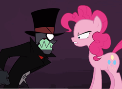 Size: 994x728 | Tagged: safe, pinkie pie, g4, angry, black hat (villainous), cartoon network, crossover, female, growling, hat, male, purple background, simple background, teeth, top hat, villainous