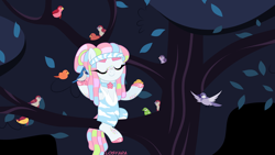 Size: 8486x4774 | Tagged: safe, artist:losyara, oc, oc only, oc:calming spring, bird, earth pony, pony, bird seed, choker, clothes, commission, eyes closed, female, freckles, headband, lotus position, mare, meditating, multicolored hair, robe, seeds, solo, tree, unshorn fetlocks, ych result