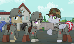 Size: 5000x3000 | Tagged: safe, artist:a4r91n, octavia melody, oc, earth pony, pegasus, pony, g4, bandage, bayonet, building, camouflage, clothes, frown, german, hoof hold, iron cross, kriegtavia, looking at you, messy mane, military uniform, pose, scar, smiling, smirk, stahlhelm, tail wrap, world war i