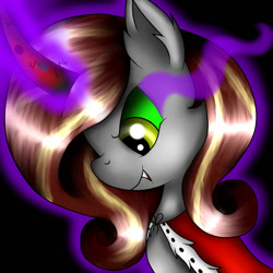 Size: 1000x1000 | Tagged: safe, artist:terezas474747, oc, oc only, oc:paint heart, pony, unicorn, black background, bust, colored horn, corrupted, curved horn, dark magic, evil smile, female, grin, horn, looking down, magic, mare, possessed, royal cape, simple background, smiling, solo, sombra eyes, sombra horn, unicorn oc