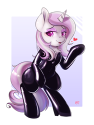 Size: 924x1232 | Tagged: safe, artist:tikrs007, fleur-de-lis, pony, unicorn, g4, bipedal, blowing a kiss, catsuit, female, heart, heart eyes, high heels, latex, latex suit, mare, solo, wingding eyes, zipper