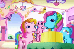 Size: 720x480 | Tagged: safe, screencap, cotton candy (g3), rainbow dash (g3), rarity (g3), tiddly wink, tra-la-la, zipzee, breezie, earth pony, pony, unicorn, g3, the runaway rainbow, animated, cute, diabreezies, dubbing, fabuleuse, female, filly, french, g3 dashabetes, g3 raribetes, introduction, looking at each other, looking at you, mare, smiling, sound, webm