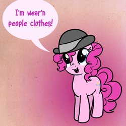 Size: 1800x1800 | Tagged: safe, artist:professor-ponyarity, pinkie pie, earth pony, pony, g4, mmmystery on the friendship express, bowler hat, clothes, cute, dialogue, diapinkes, female, hat, mare, open mouth, solo, speech bubble