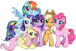 Size: 900x610 | Tagged: safe, artist:evomanaphy, applejack, fluttershy, pinkie pie, rainbow dash, rarity, twilight sparkle, alicorn, earth pony, pegasus, pony, unicorn, g4, twilight's kingdom, cheek squish, cute, female, looking at you, mane six, mare, one eye closed, prone, scene interpretation, simple background, smiling, squishy cheeks, transparent background, twilight sparkle (alicorn)