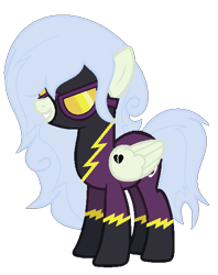 Size: 491x621 | Tagged: safe, artist:rukemon, oc, oc only, oc:silky feathers, pegasus, pony, icey-verse, base used, clothes, commission, costume, female, goggles, grin, magical lesbian spawn, mare, offspring, parent:lily lace, parent:nightshade, parents:nightlace, shadowbolts, shadowbolts costume, simple background, smiling, solo, tattoo, transparent background