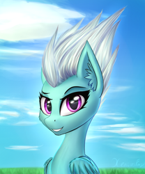 Size: 1000x1200 | Tagged: safe, artist:xeniusfms, fleetfoot, pegasus, pony, g4, bust, cloud, commissioner:fleetfoot, ear fluff, female, looking at you, portrait, smiling, solo