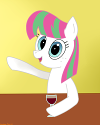 Size: 2612x3268 | Tagged: safe, artist:rainbowšpekgs, blossomforth, pegasus, pony, g4, alcohol, date, glass, high res, looking at you, sitting, solo, table, talking, wine, wine glass