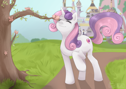 Size: 3510x2490 | Tagged: safe, artist:sugarstarway, sweetie belle, pony, unicorn, g4, canterlot, eyes closed, female, flower, high res, older, older sweetie belle, smiling, solo, tree