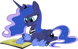 Size: 3392x2127 | Tagged: safe, artist:noctistwilight, princess luna, alicorn, pony, g4, bandana, book, cute, female, high res, hoof shoes, lunabetes, mare, prone, reading, simple background, solo, transparent background