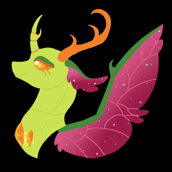 Size: 1000x1000 | Tagged: safe, artist:lepiswerid, thorax, changedling, changeling, g4, black background, eyelashes, forked horn, horn, insect wings, king thorax, lidded eyes, lineless, male, marsverse, no nose, redesign, simple background, solo, sparkles, wings