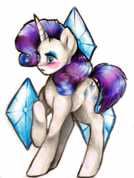 Size: 1200x1600 | Tagged: safe, artist:art-surgery, rarity, pony, unicorn, g4, blushing, cute, cutie mark background, female, mare, raribetes, solo