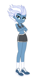 Size: 915x1638 | Tagged: safe, artist:gmaplay, night glider, equestria girls, g4, blue eyes, blue skin, clothes, crossed arms, equestria girls-ified, female, gym shorts, raised eyebrow, sexy, shoes, shorts, simple background, smiling, smirk, smug, sneakers, socks, solo, sports bra, sports outfit, sporty style, tank top, tomboy, transparent background, white socks