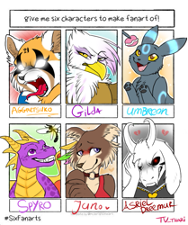 Size: 569x680 | Tagged: safe, artist:tvthari, gilda, dog, dragon, goat, griffon, red panda, umbreon, anthro, g4, :d, aggretsuko, angry, asriel dreemurr, beastars, blushing, bust, clothes, collar, crossover, facepalm, female, glowing eyes, heartbreak, jewelry, juno (beastars), looking up, male, necklace, open mouth, paw pads, paws, pokémon, red eyes, retsuko, sanrio, sharp teeth, six fanarts, spyro the dragon, spyro the dragon (series), teeth, tongue out, underpaw, undertale