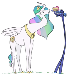 Size: 800x900 | Tagged: safe, artist:jargon scott, artist:skoon, princess celestia, princess luna, alicorn, pony, g4, cake, collaboration, doodle, duo, female, food, giraffelestia, humor, i can't believe it's not alumx, impossibly long legs, impossibly long neck, majestic as fuck, mare, necc, not salmon, peytral, royal sisters, s1 luna, simple background, tall, wat