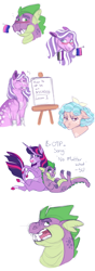 Size: 1989x5621 | Tagged: safe, artist:uunicornicc, cozy glow, diamond tiara, spike, twilight sparkle, classical unicorn, dragon, earth pony, pegasus, pony, unicorn, g4, bow, cloven hooves, fangs, female, hair bow, horn, leonine tail, male, mare, mouth hold, older, older spike, pride flag, simple background, story included, unshorn fetlocks, white background