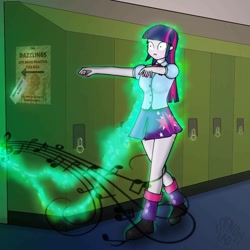 Size: 894x894 | Tagged: safe, artist:hypnolad, twilight sparkle, equestria girls, g4, my little pony equestria girls: rainbow rocks, aura, blouse, boots, canterlot high, clothes, female, hallway, hypnotic music, implied dazzlings, lockers, magic drain, mind control, music notes, nail polish, outstretched arms, pinpoint eyes, poster, shoes, skirt, solo, story included, the dazzlings