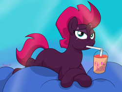 Size: 3942x3000 | Tagged: safe, artist:rupert, fizzlepop berrytwist, tempest shadow, pony, unicorn, g4, broken horn, cute, drinking straw, female, high res, horn, looking at you, lying down, mare, prone, slushie, solo, squishy