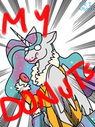 Size: 768x1024 | Tagged: safe, artist:animeisverycool, princess celestia, alicorn, pony, g4, caught, donut, eating, female, food, looking at you, looking back, looking back at you, offscreen character, solo
