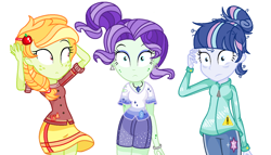 Size: 1476x842 | Tagged: safe, artist:anno酱w, oc, oc only, oc:apple cookies, oc:blue sky, oc:jade mudian, equestria girls, g4, amazed, base used, bracelet, clothes, coat, ear piercing, earring, freckles, jewelry, necklace, next generation, offspring, parent:applejack, parent:flash sentry, parent:rarity, parent:spike, parent:twilight sparkle, parents:flashlight, parents:sparity, piercing, skirt, sleepy, trio
