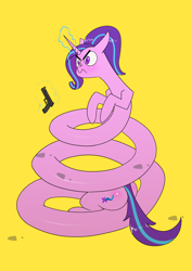 Size: 2480x3508 | Tagged: safe, artist:underpable, starlight glimmer, pony, unicorn, g4, angry, coils, don't tread on me, female, flag, frown, gadsden flag, gun, high res, long glimmer, long pony, magic, simple background, telekinesis, this will end in gulag, weapon, yellow background