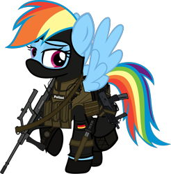 Size: 6000x6091 | Tagged: safe, artist:n0kkun, part of a set, rainbow dash, pegasus, pony, g4, armor, assault rifle, balaclava, belt, boots, clothes, female, flag, german, germany, gloves, gsg9, gun, knife, mare, mp7, pants, police, pouch, radio, raised hoof, raised leg, rifle, shoes, simple background, solo, steyr aug, submachinegun, transparent background, watch, weapon, wristwatch