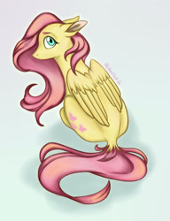 Size: 2000x2600 | Tagged: safe, artist:amitash, fluttershy, pegasus, pony, g4, female, floppy ears, folded wings, high res, looking at you, looking back, looking back at you, mare, profile, rear view, simple background, sitting, solo, white background, wings