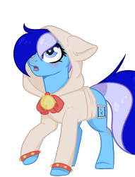 Size: 782x1022 | Tagged: safe, artist:blue pines, artist:cloud-fly, artist:dipper-blue-pines, oc, oc only, oc:brushie brusha, earth pony, pony, base used, bell, blue mane, blushing, bracelet, clothes, cutie mark, earth pony oc, eye, eyes, heart eyes, hood, jewelry, open mouth, simple background, solo, sweater, text, transparent background, vector, wingding eyes