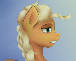 Size: 2480x2008 | Tagged: safe, artist:guatergau5, applejack, earth pony, pony, g4, alternate hairstyle, applejack is best facemaker, applejewel, braid, bust, female, gritted teeth, high res, lidded eyes, mare, missing accessory, solo, teeth