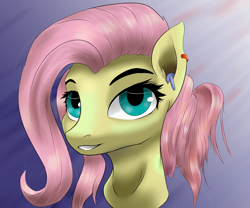 Size: 4252x3543 | Tagged: safe, artist:guatergau5, fluttershy, pegasus, pony, g4, bust, ear piercing, earbuds, earring, female, gradient background, jewelry, looking at you, mare, piercing, portrait, smiling, solo, three quarter view