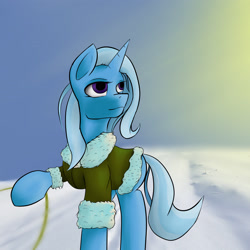 Size: 3117x3117 | Tagged: safe, artist:guatergau5, trixie, pony, unicorn, g4, clothes, female, high res, jacket, mare, missing accessory, raised hoof, snow, solo