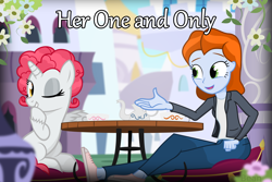 Size: 2400x1600 | Tagged: safe, artist:bean, pony, unicorn, fanfic:her one and only, equestria girls, g4, canterlot, cover art, cup, fimfiction, table, teacup
