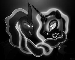 Size: 2000x1600 | Tagged: safe, artist:bean, nightmare moon, pony of shadows, fanfic:total eclipse, g4, cover art, fimfiction, grayscale, monochrome, shipping