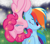 Size: 1000x876 | Tagged: safe, artist:silvercloud36, pinkie pie, rainbow dash, earth pony, firefly (insect), insect, pegasus, pony, g4, blushing, cheek kiss, duo, female, in which pinkie pie forgets how to gravity, kissing, lesbian, mare, pinkie being pinkie, pinkie physics, ship:pinkiedash, shipping